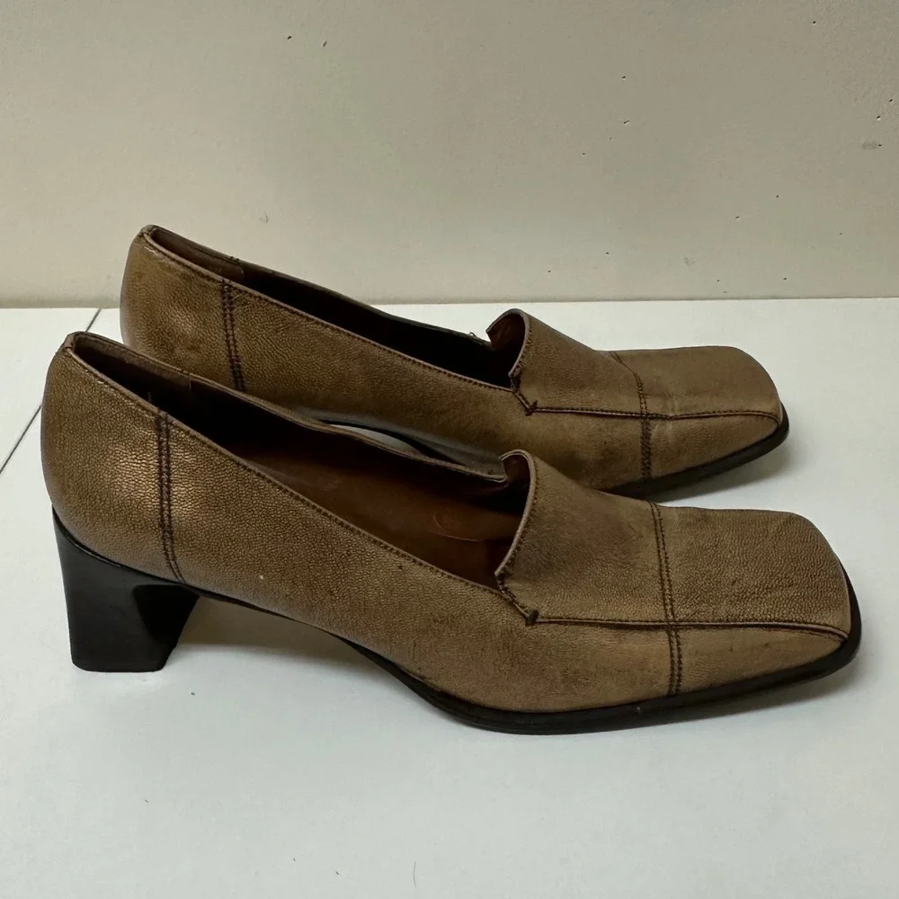 Vintage Naturalizer Womens 8M Taupe Leather Square Toe Block Heel Loafer Pumps
